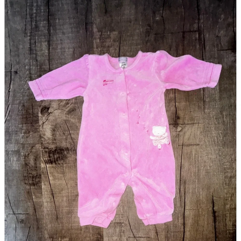 Carters Baby Girls Pink Velour Ballerina Cat Snap Romper One Piece 6M